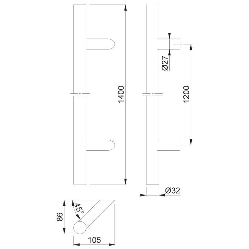 Hoppe Inline 1400mm BTB 1200 cen SS316 32mm Dia