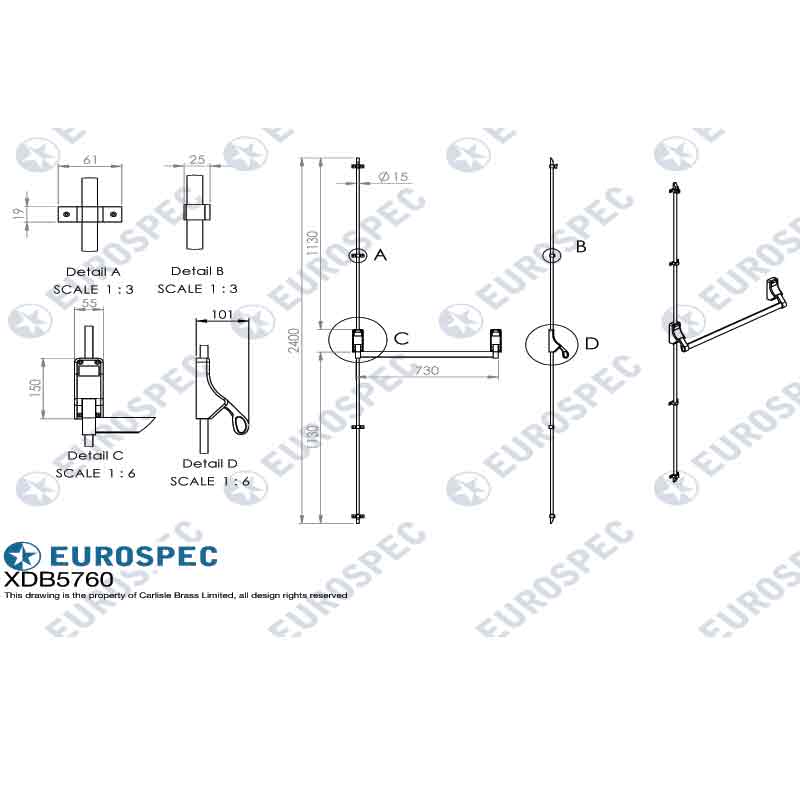 Single Push Bar Panic Bolt - Silver