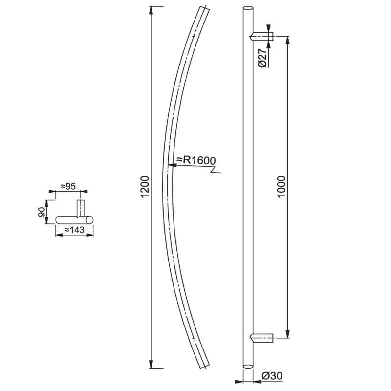 Curved Banana Pull Handle 1200mm Satin Stainless
