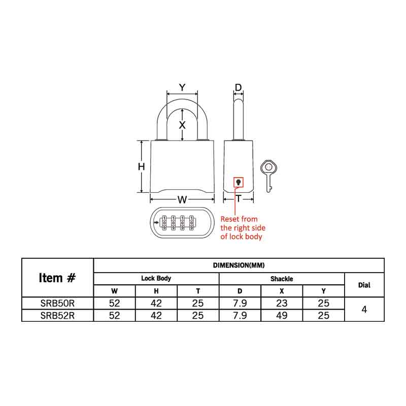 Federal Padlock SRB52R Combination 50mm Long Shackel