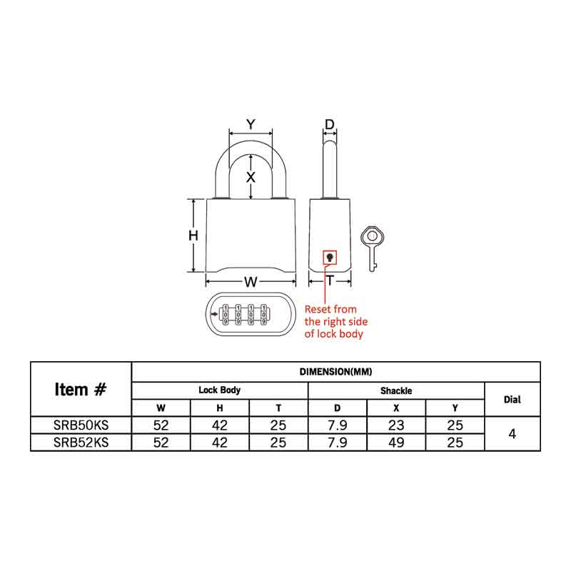 Federal Padlock SRB50R Combination 50mm Standard Shackel