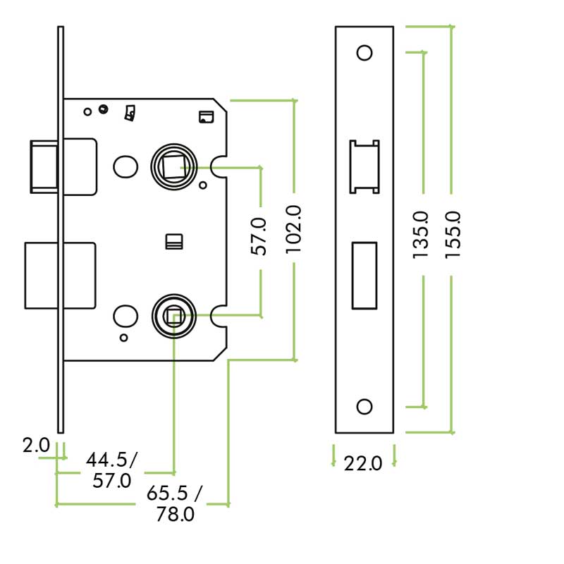 Bathroom Lock - 3" 57mm c/c 57mm Bkst