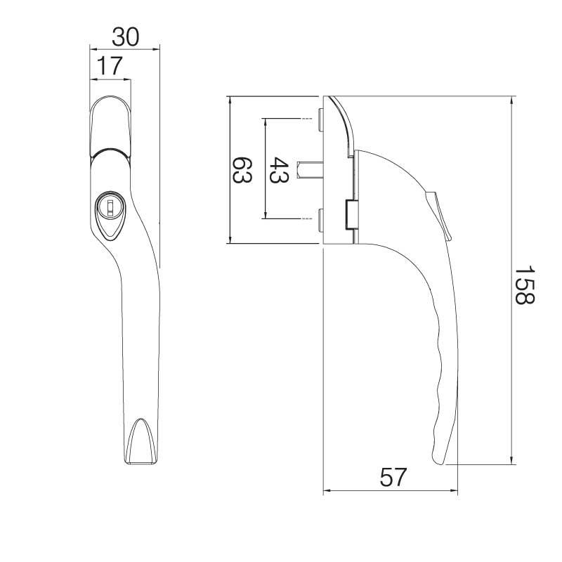 UPVC Window Handle - 40mm RH Cranked Espag