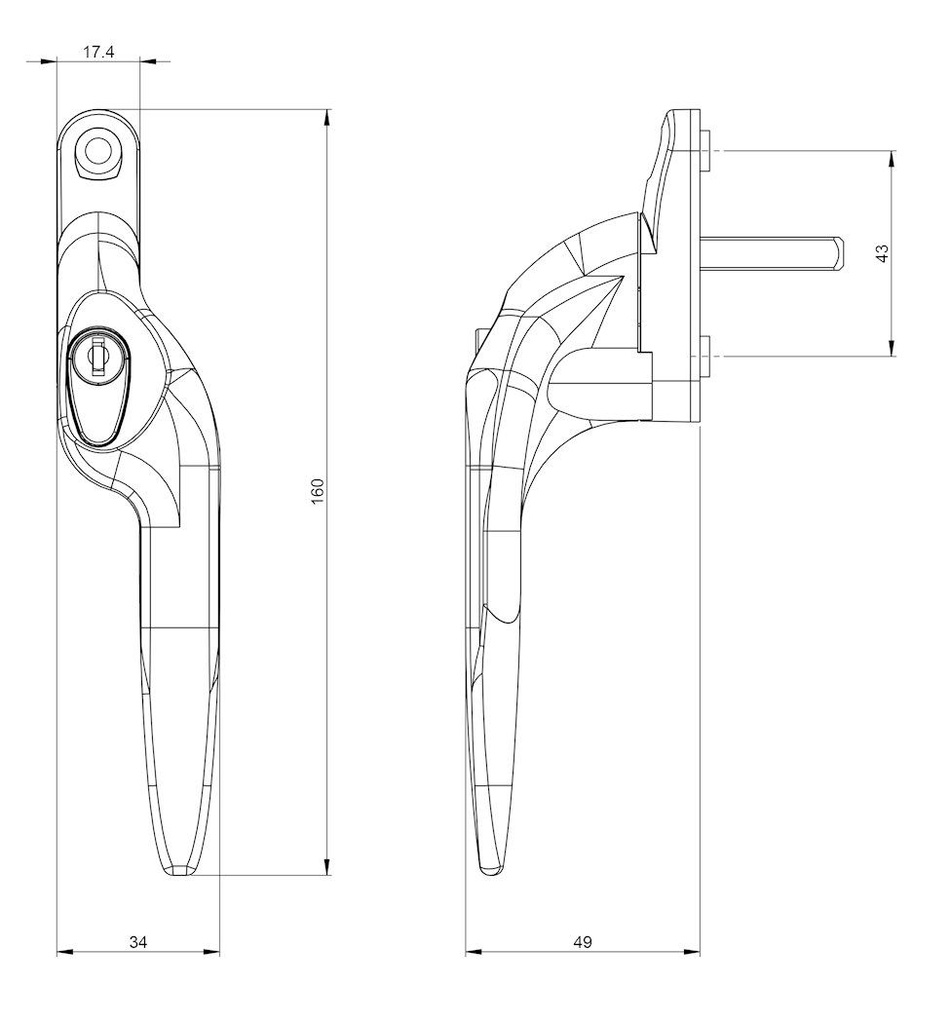 UPVC Window Handle - 40mm Pin Inline Espag