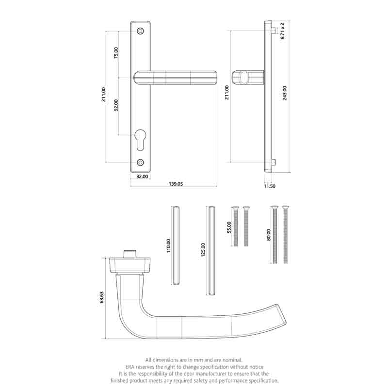 PZ92 Architectural 240mm Door Handle 1W