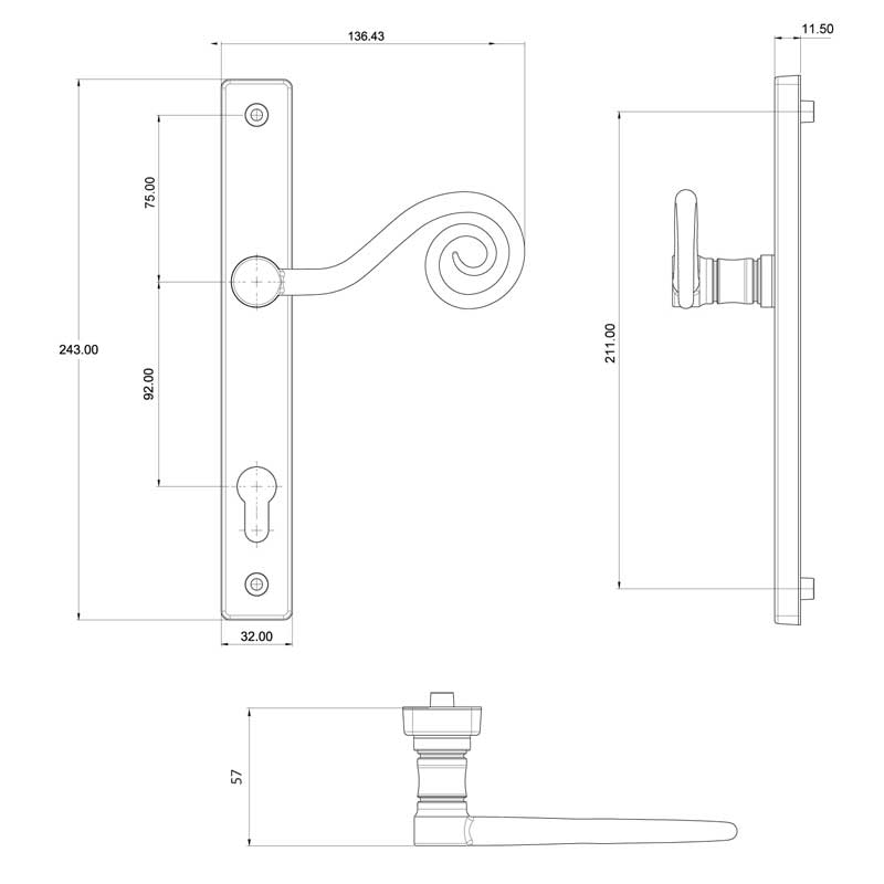 PZ92 Monkey Tail Sprung Inline Lever Lever Handle LH