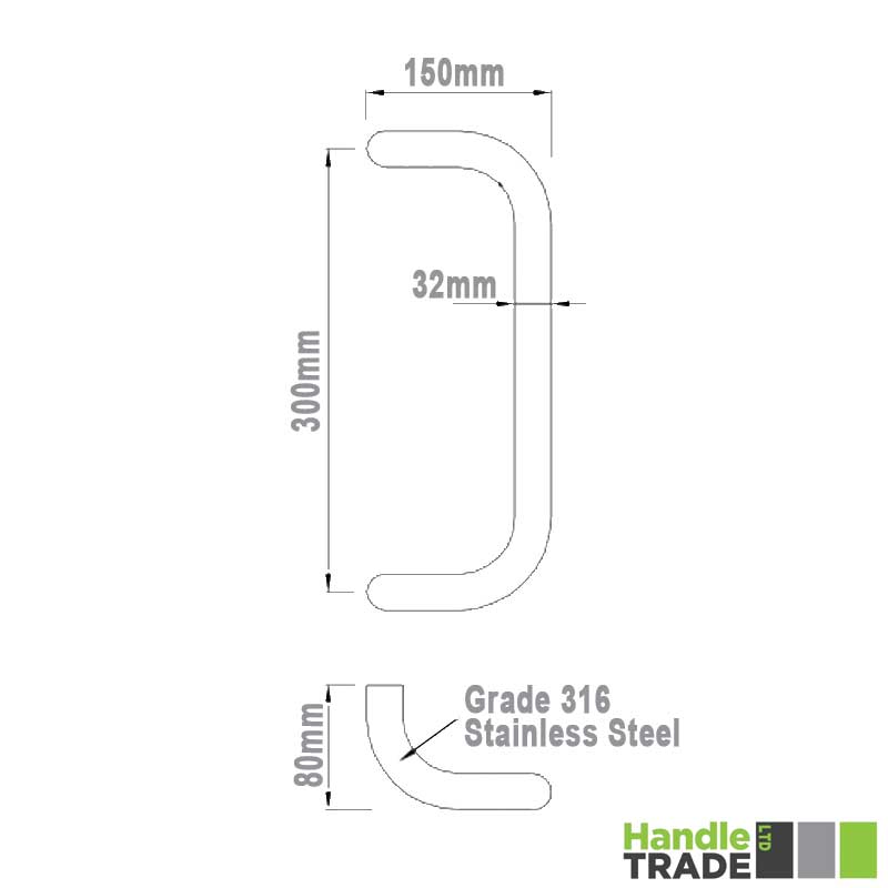 Cranked D Pull Handle 32 x 300mm B2B SSS