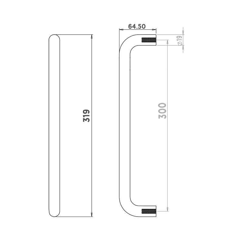 D' Pull Handle - 19mm Dia. 19 x 300mm 201