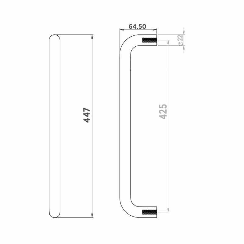 D' Pull Handle - 22mm Dia. 22 x 425mm 201 SS