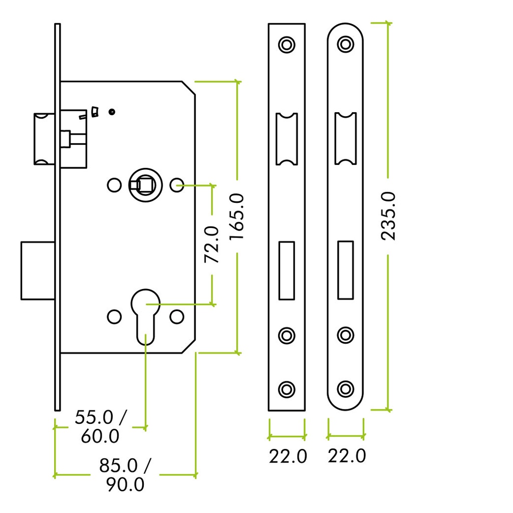 Din - Sash Lock - 72mm c/c - 55mm Bkst Radius SS