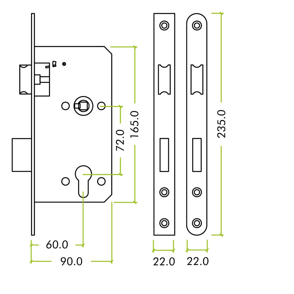 Din - Escape Lock - 72mm c/c - 60mm Bkst Radius SS