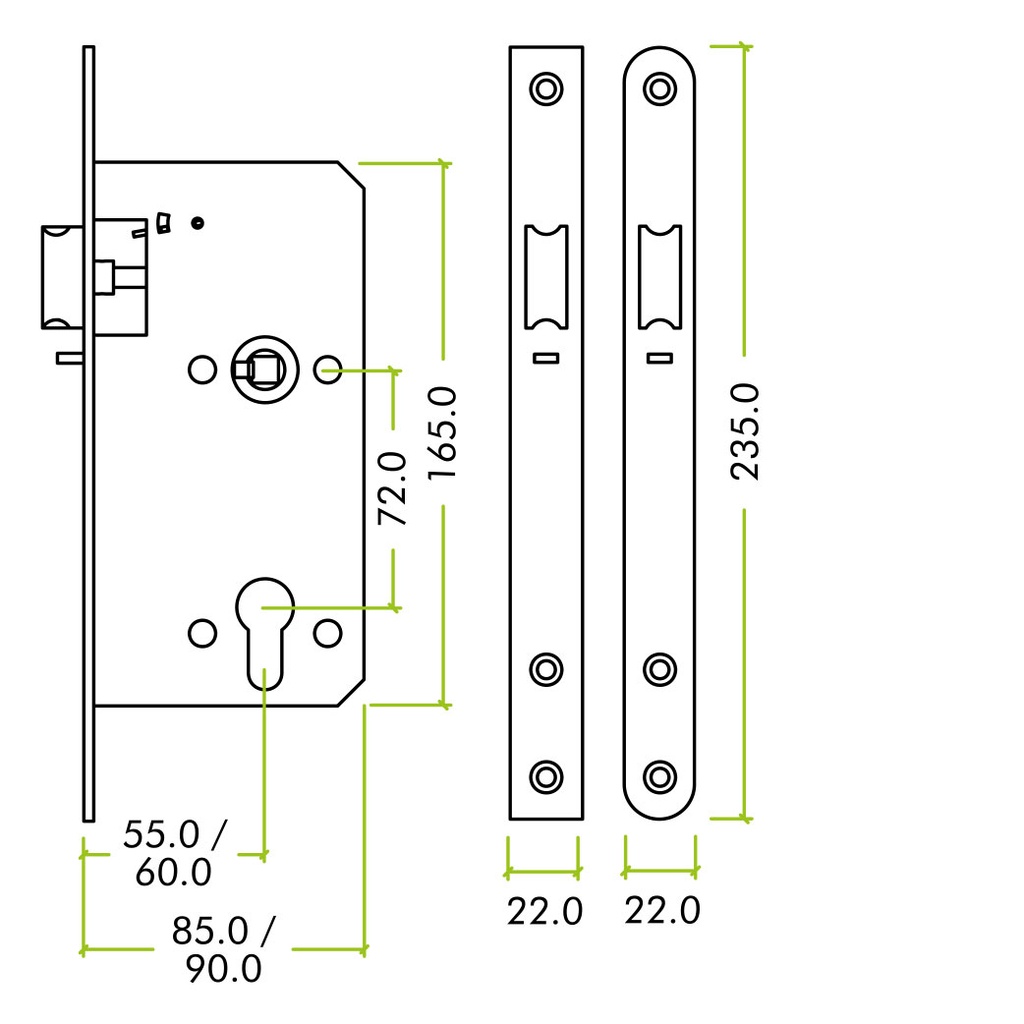 Din - Night Latch - 72mm c/c 55mm Bkst SS