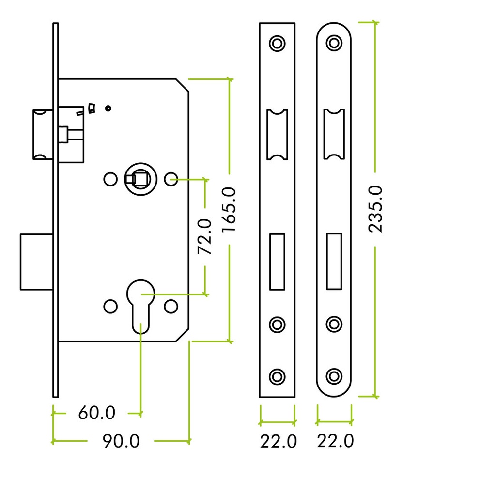 Din - Single Throw Sash Lock - 72mm c/c 60mm Bkst SS